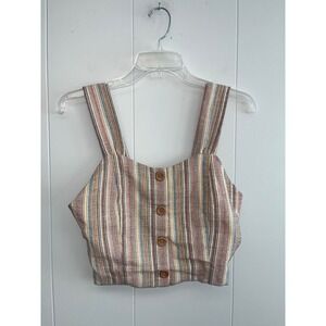 Paper Crane Striped Faux Button Front Cropped Top Size Medium